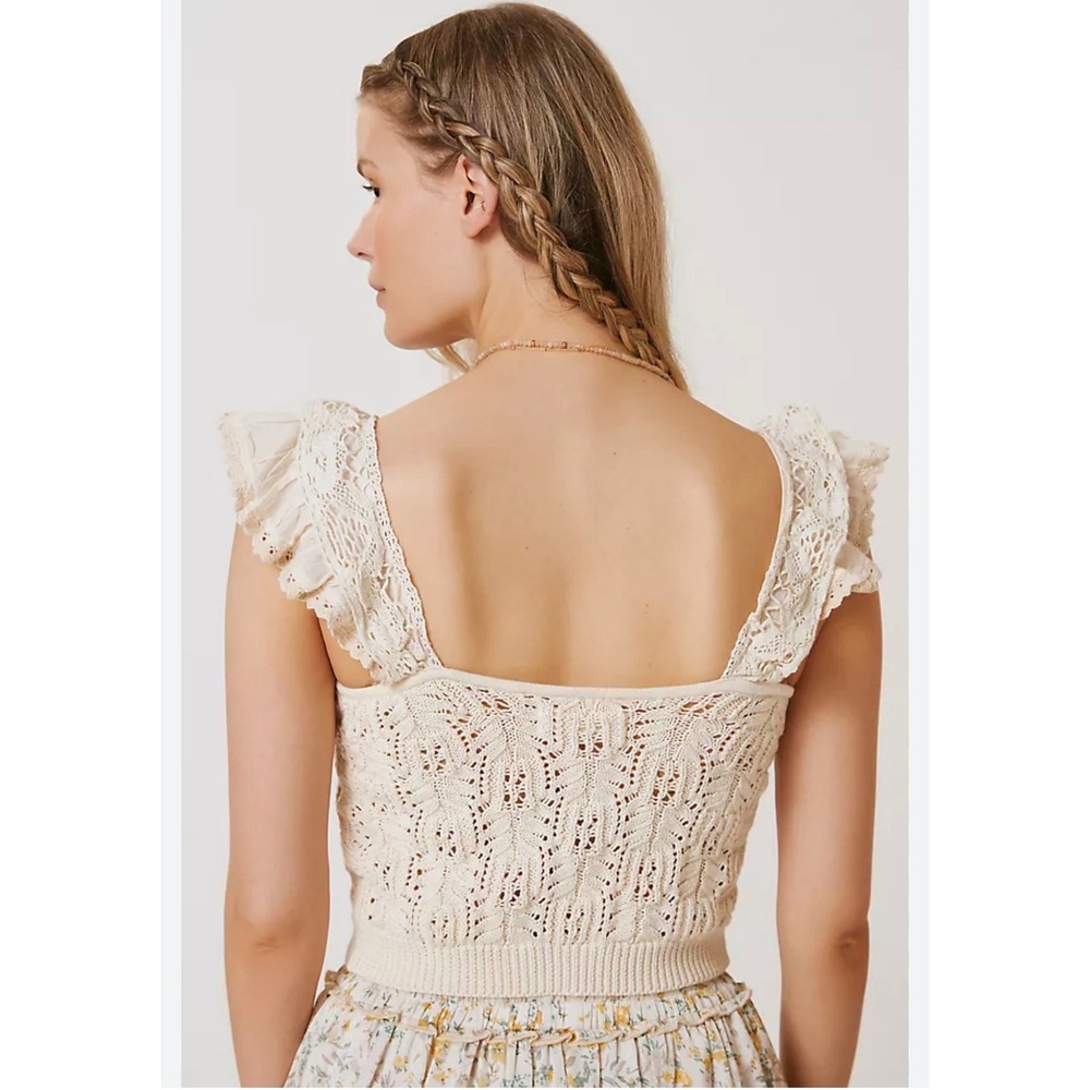 Anthropologie Ruffled Garden Crochet Knit Tank Cream Square Neck Pointelle XS - Picture 2 of 9